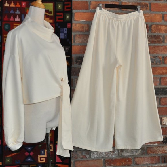 LIT Active Concept Soft Leisure Set 2 Piece Sweater, Wide Leg Pants Ivory M - Picture 7 of 10